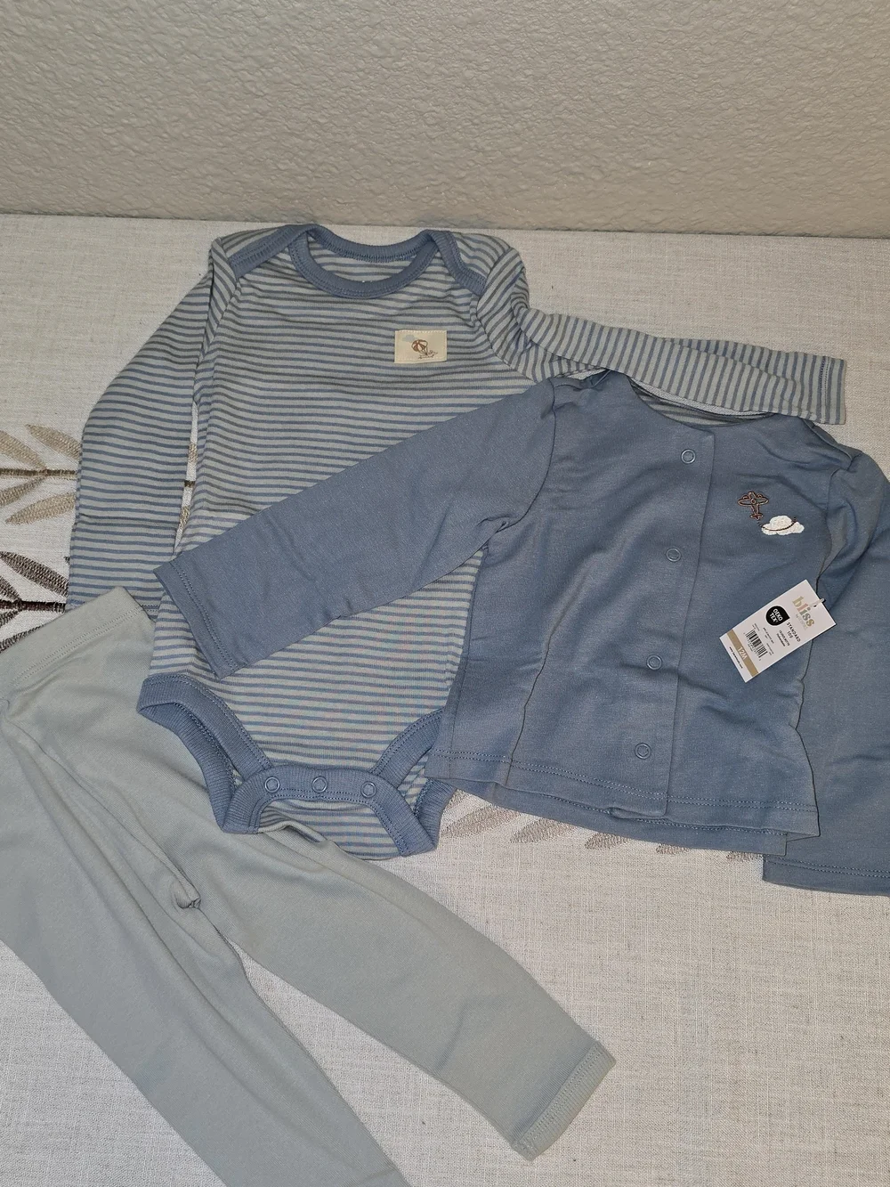 Blue Baby 3-Piece Outfit Set - Striped Bodysuit, Blue Jacket, Light Blue Pants